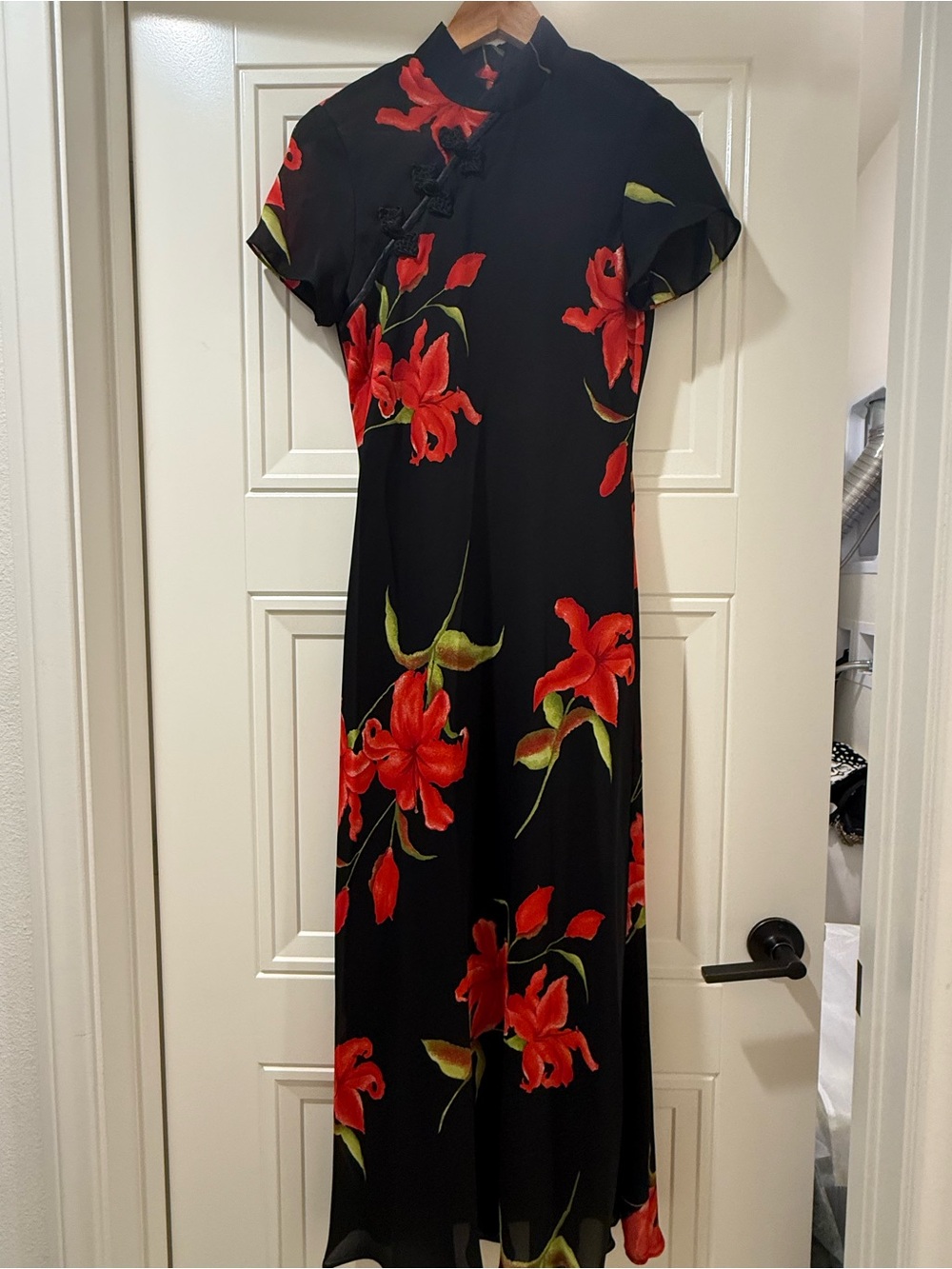 Ronni Nicole Black Maxi Dress with Red Floral Print